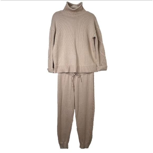 Md Haven Well Within Cable Knit Lounge Set Tan Turtleneck Sweater & Joggers Cozy - Picture 1 of 8